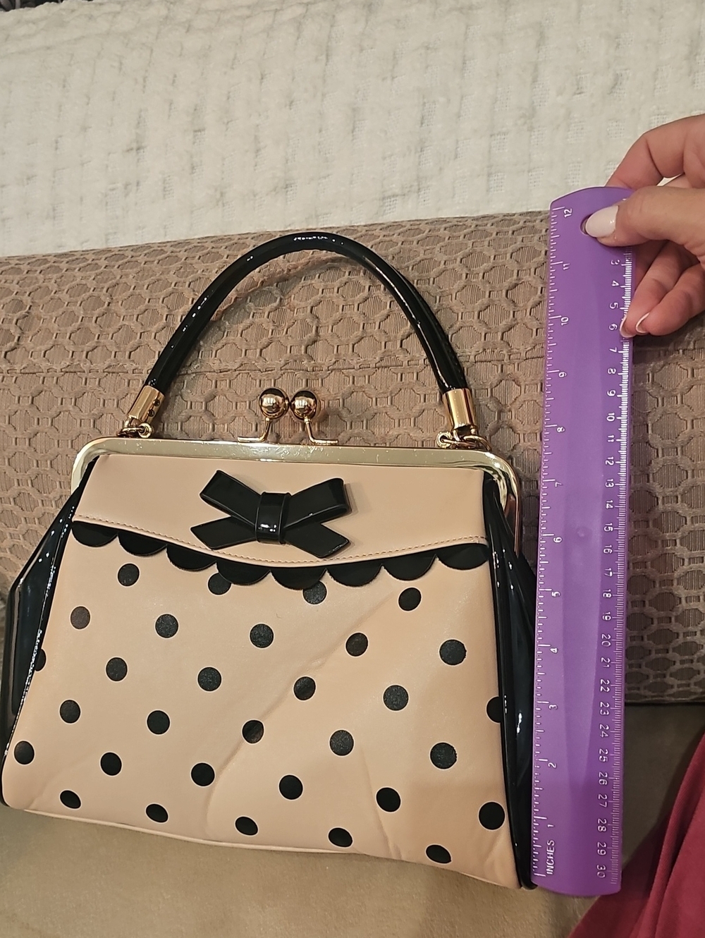 Beige and Black Polka Dot Bow-Accent Satchel